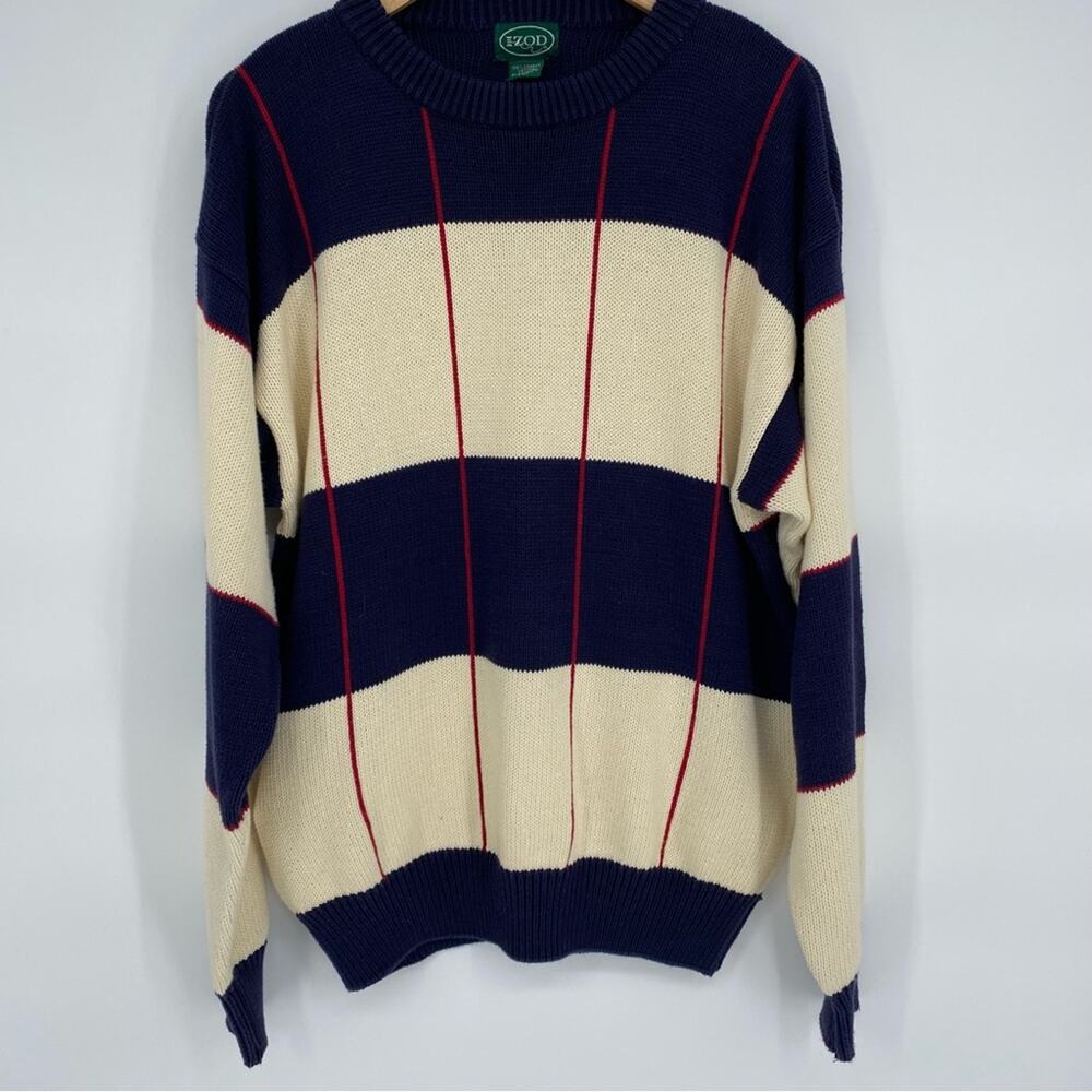 IZOD Men’s Vintage Sweater Large Electric Grandpa Crew Neck Color Block 90s Y2K